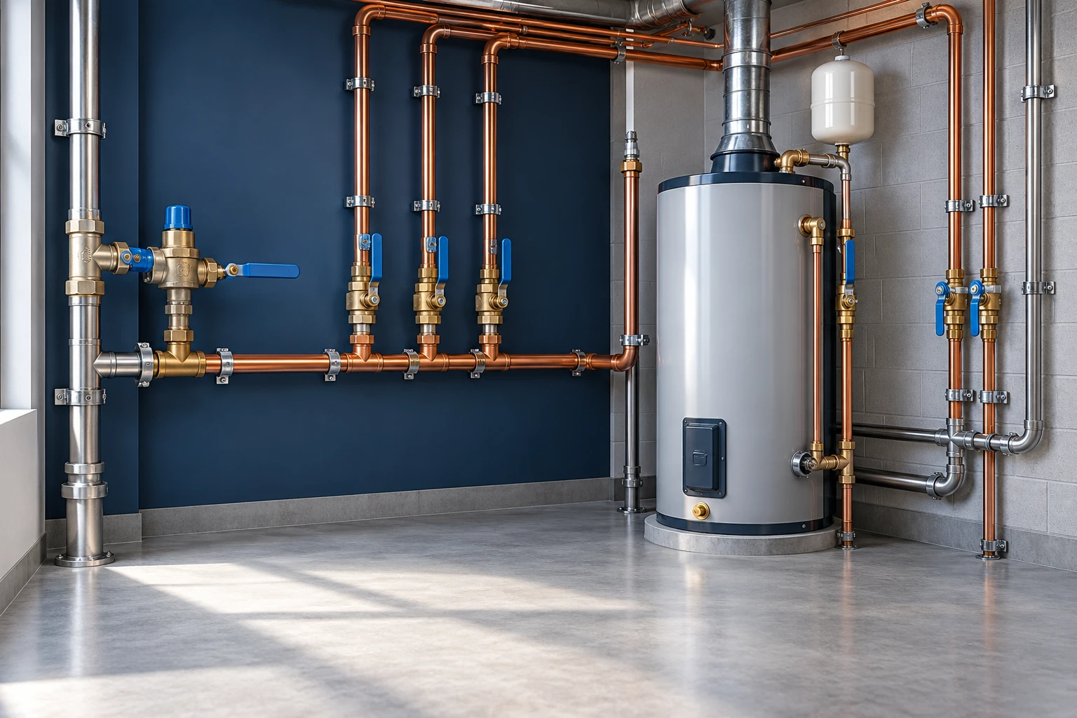 Illustration of commercial plumbing pipes, valves and a water heater