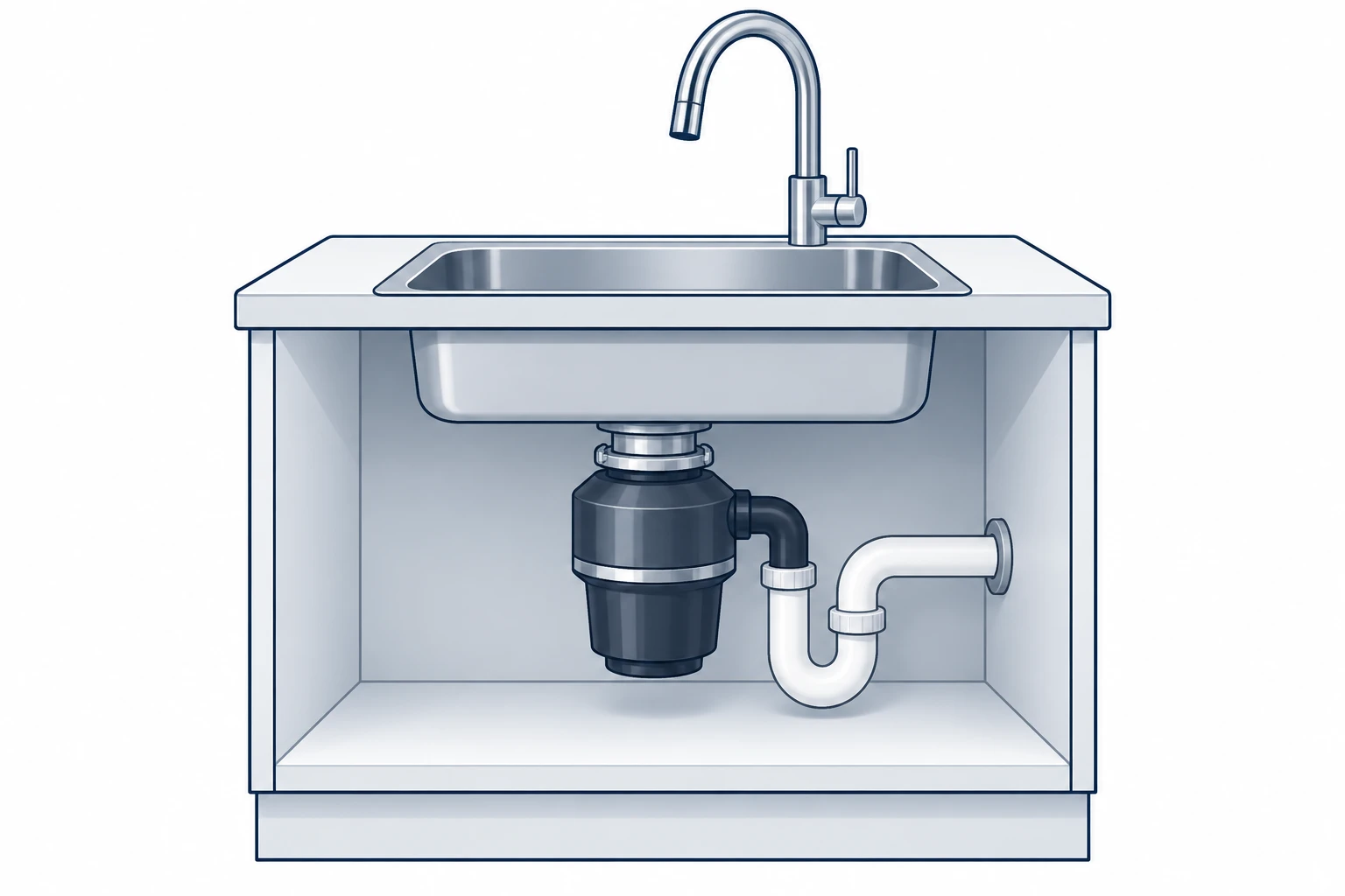 Sink and faucet with a garbage disposal beneath