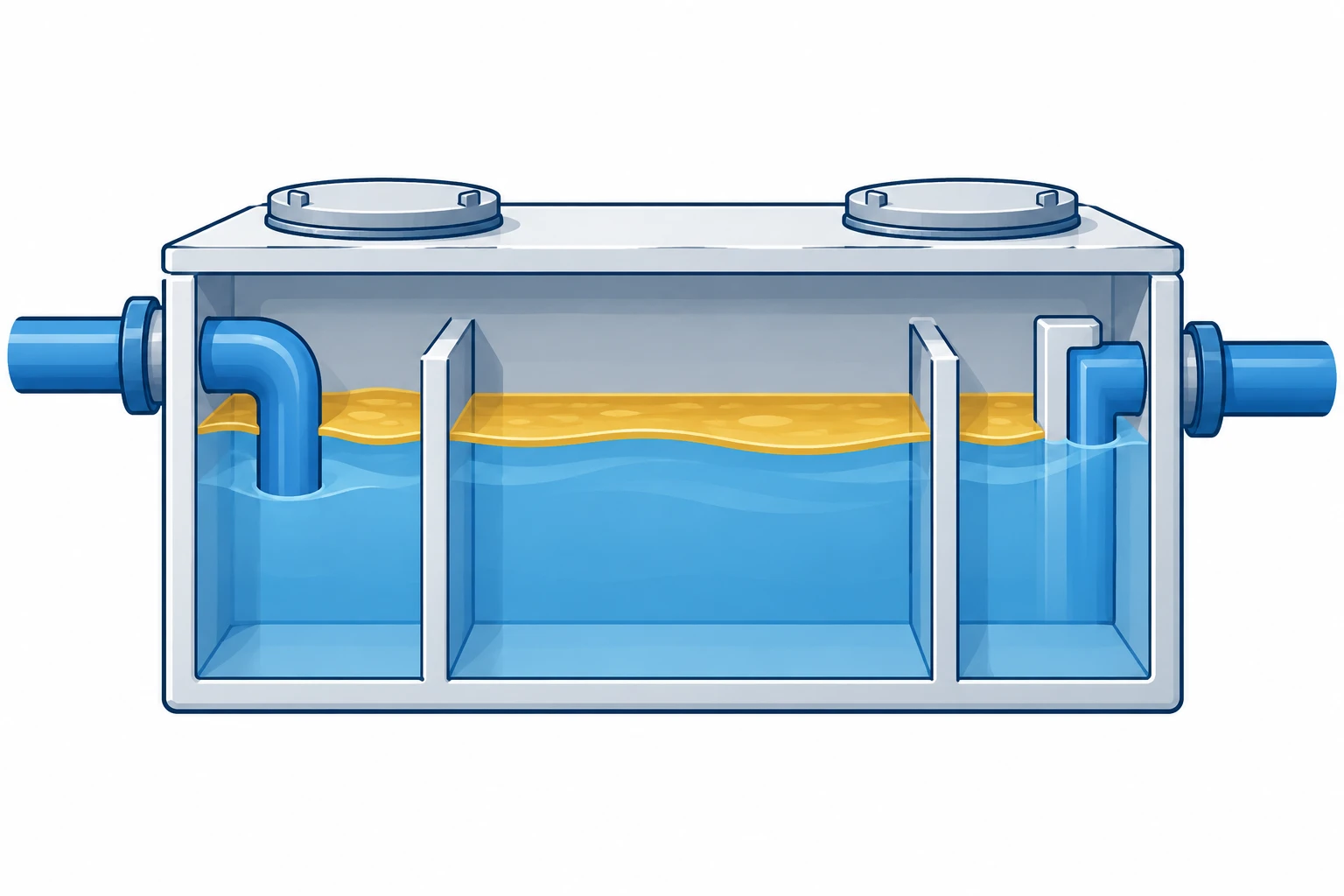 Simplified cutaway illustration of a grease trap