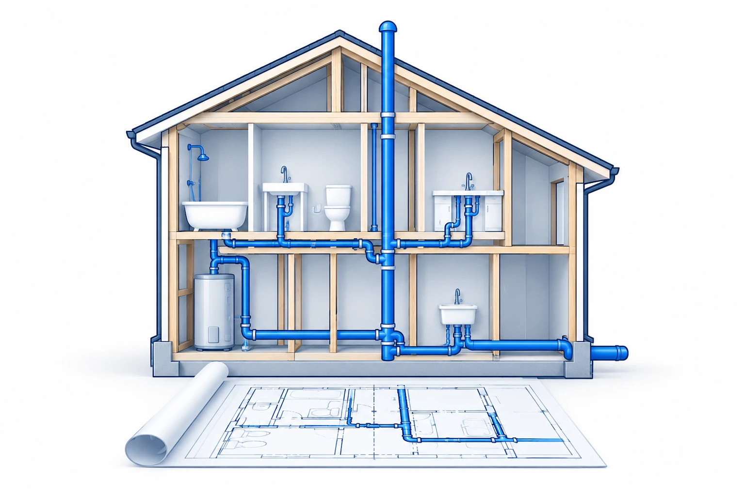 House outline with plumbing rough-ins and a blueprint