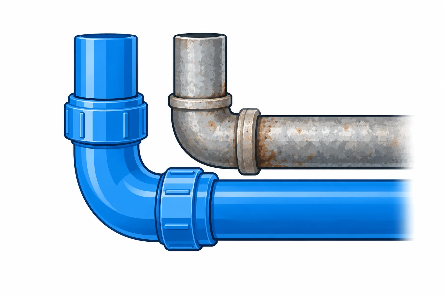 Illustration of water supply pipes and connecting fittings